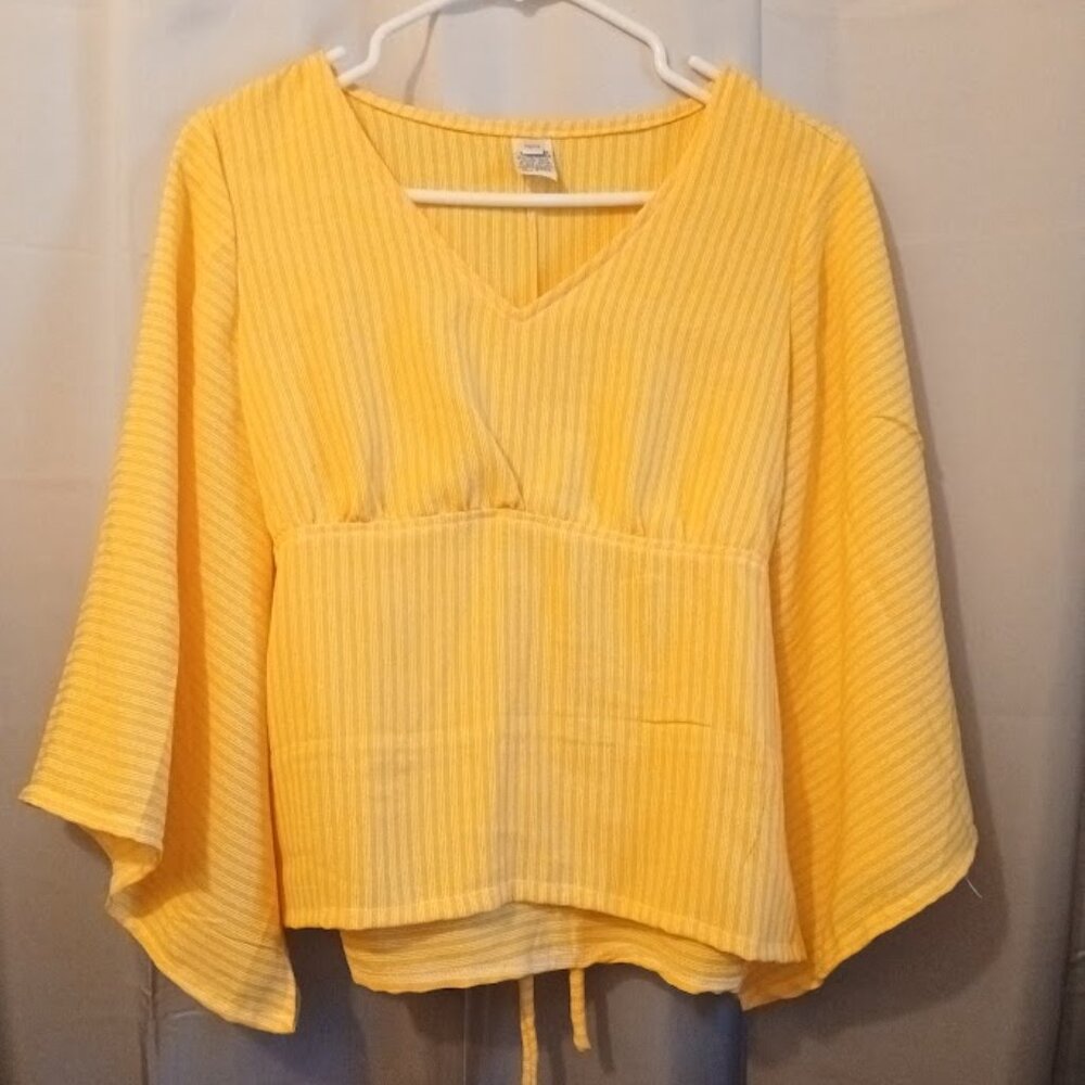 Nwt V-neck Empire waist Blouse women P Sunny Yellow White Long bell sleeve top